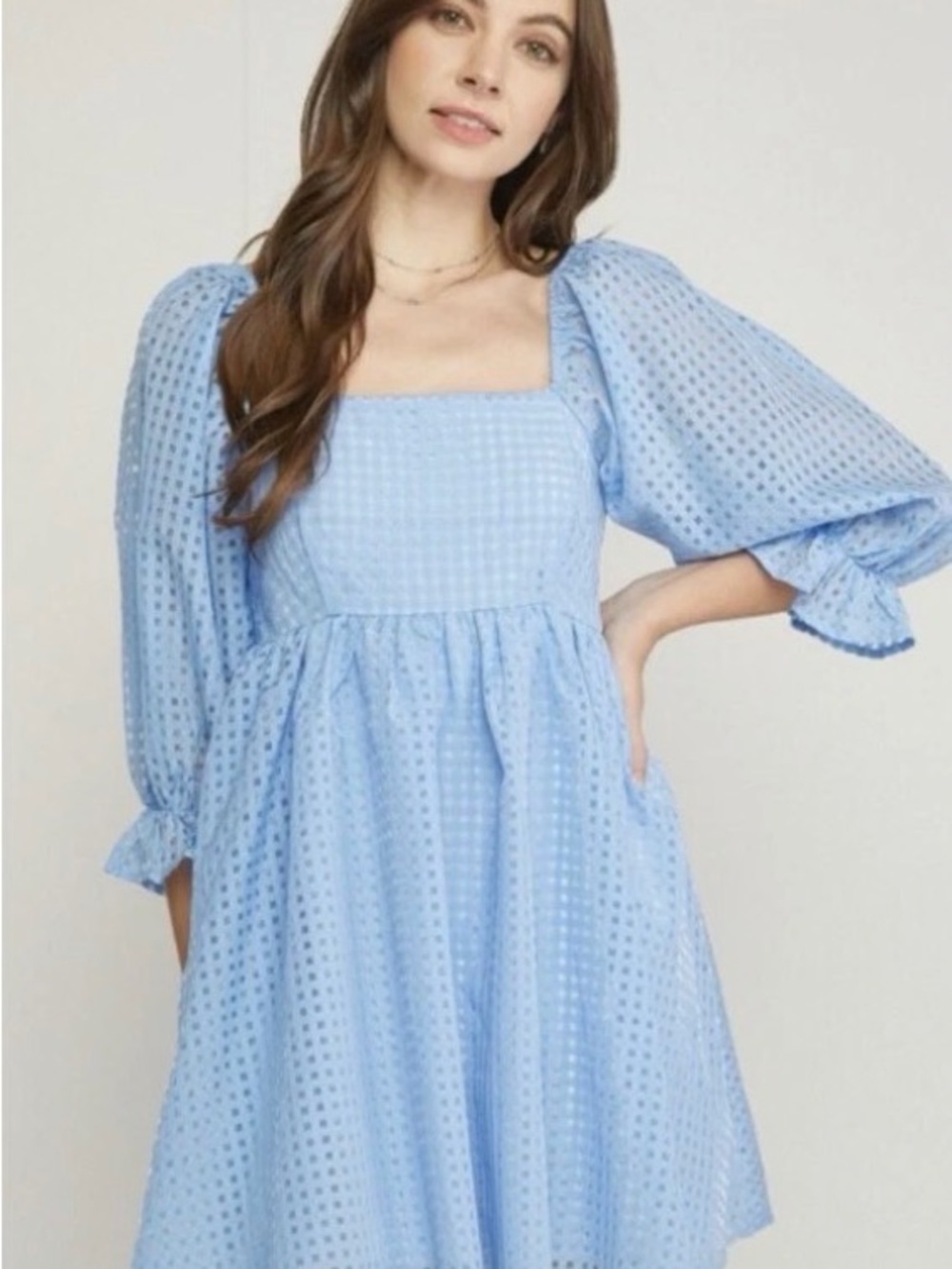 Entro USA Puff Sleeve Checkered Pattern Sheer White Women White Dress Size L New
